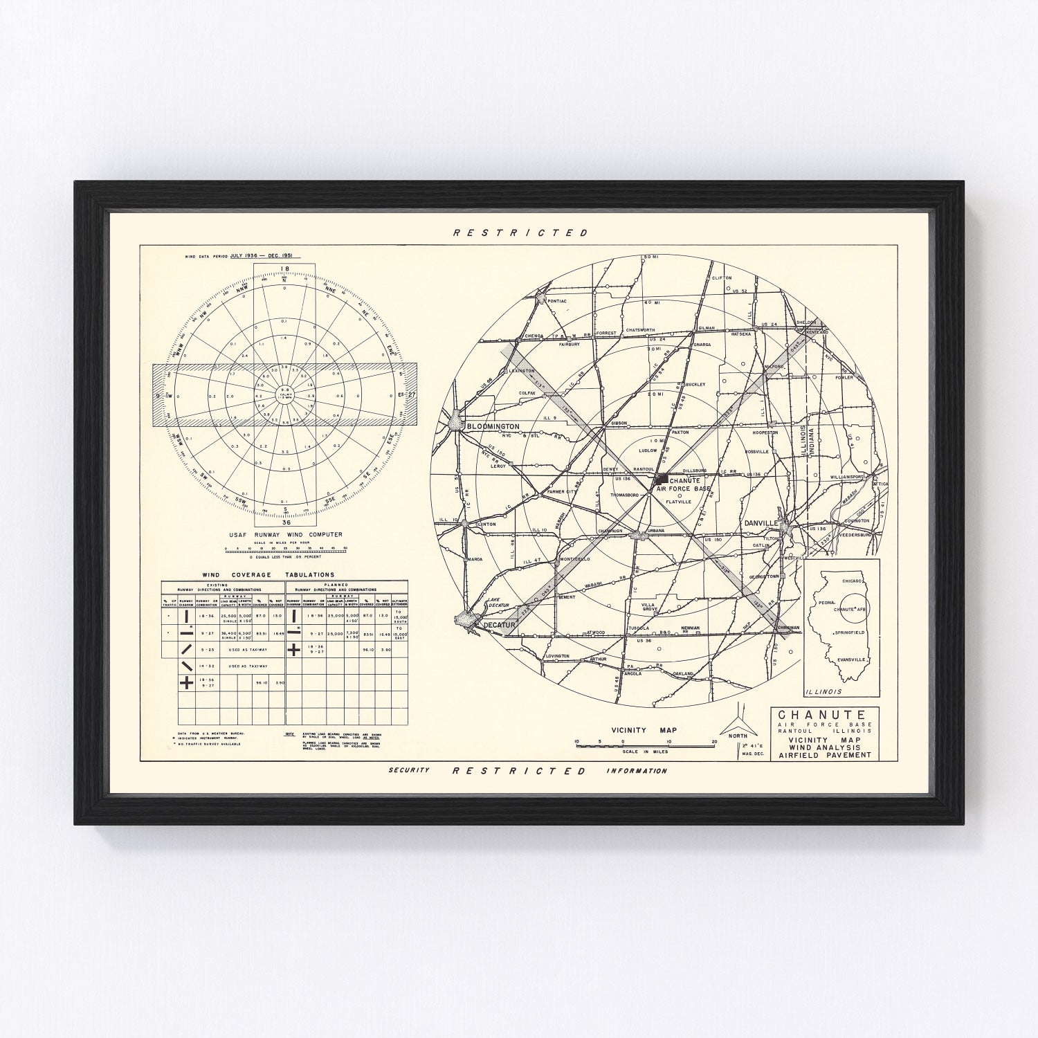 vintage map of Chanute Air Force Base vicinity, Rantoul, Illinois, 1951