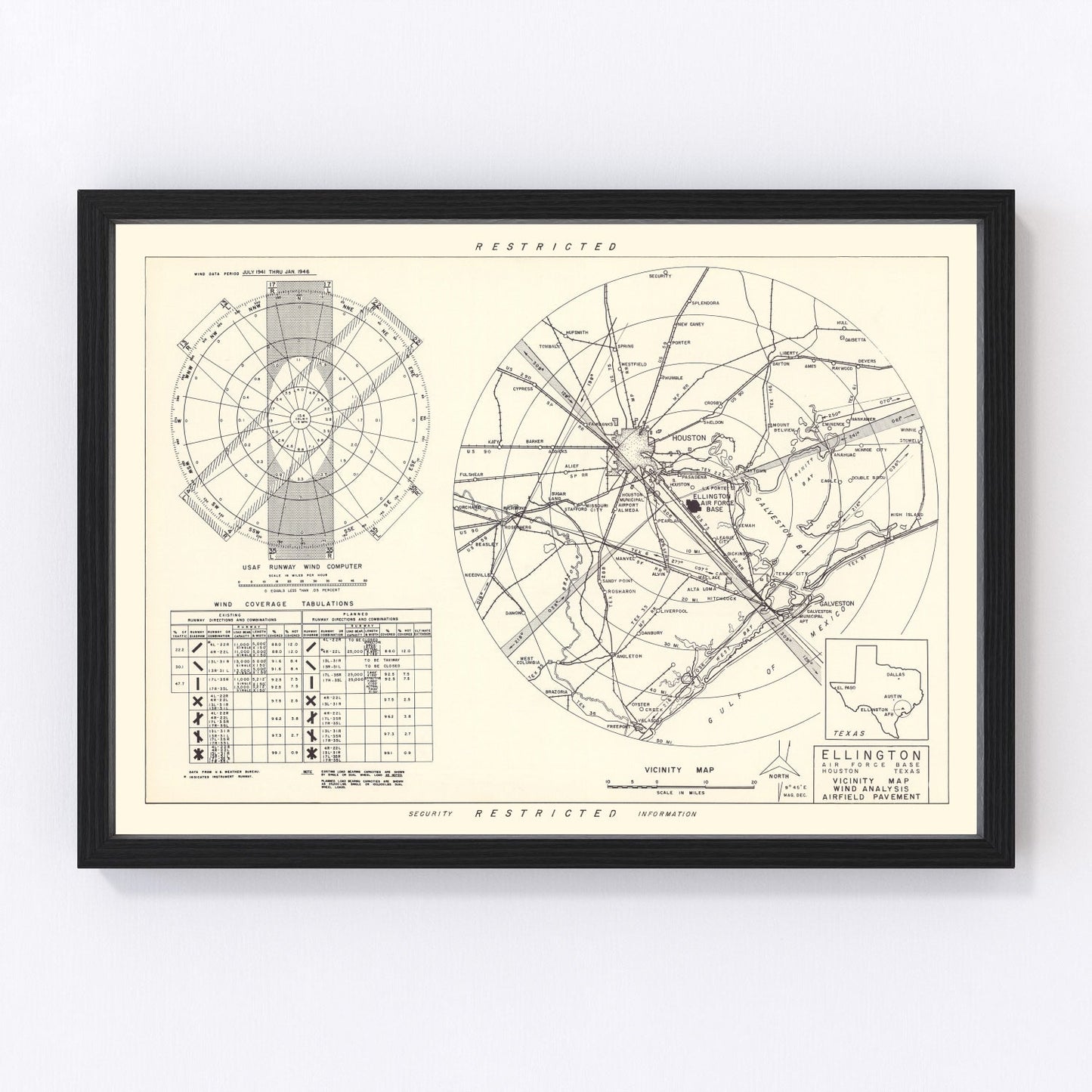 vintage map of Ellington Air Force Base vicinity, Texas, 1953