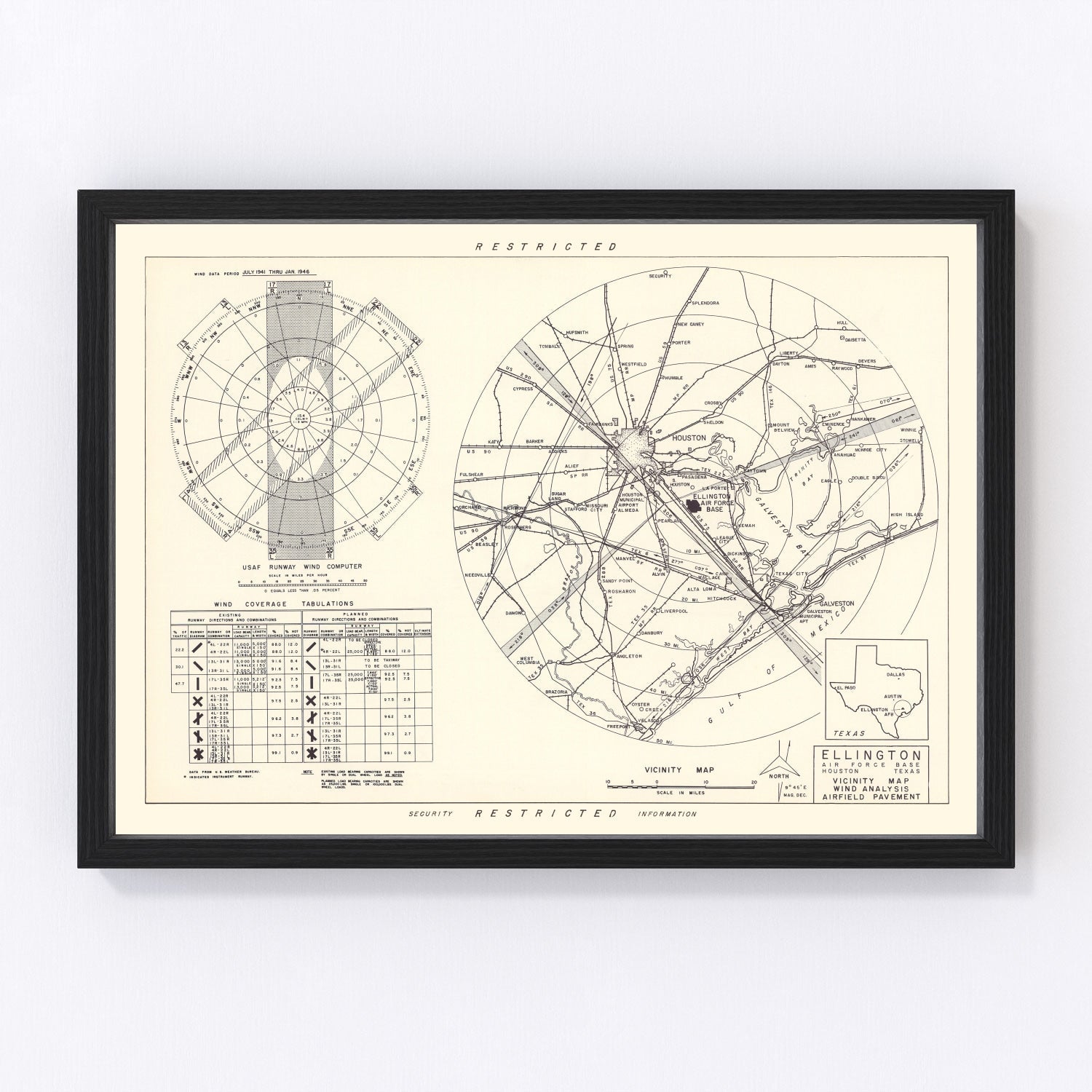 vintage map of Ellington Air Force Base vicinity, Texas, 1953