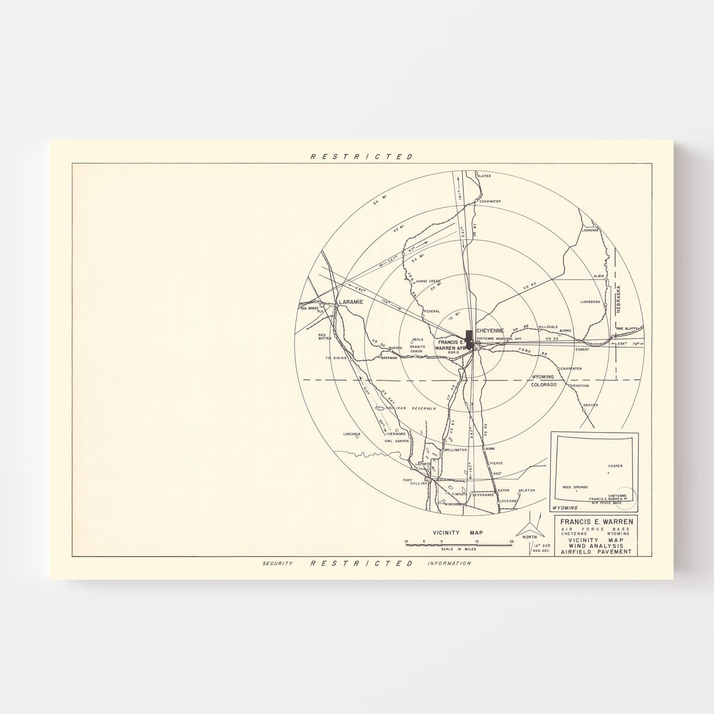Vintage Map of Francis E. Warren Air Force Base Vicinity, Wyoming, 1952