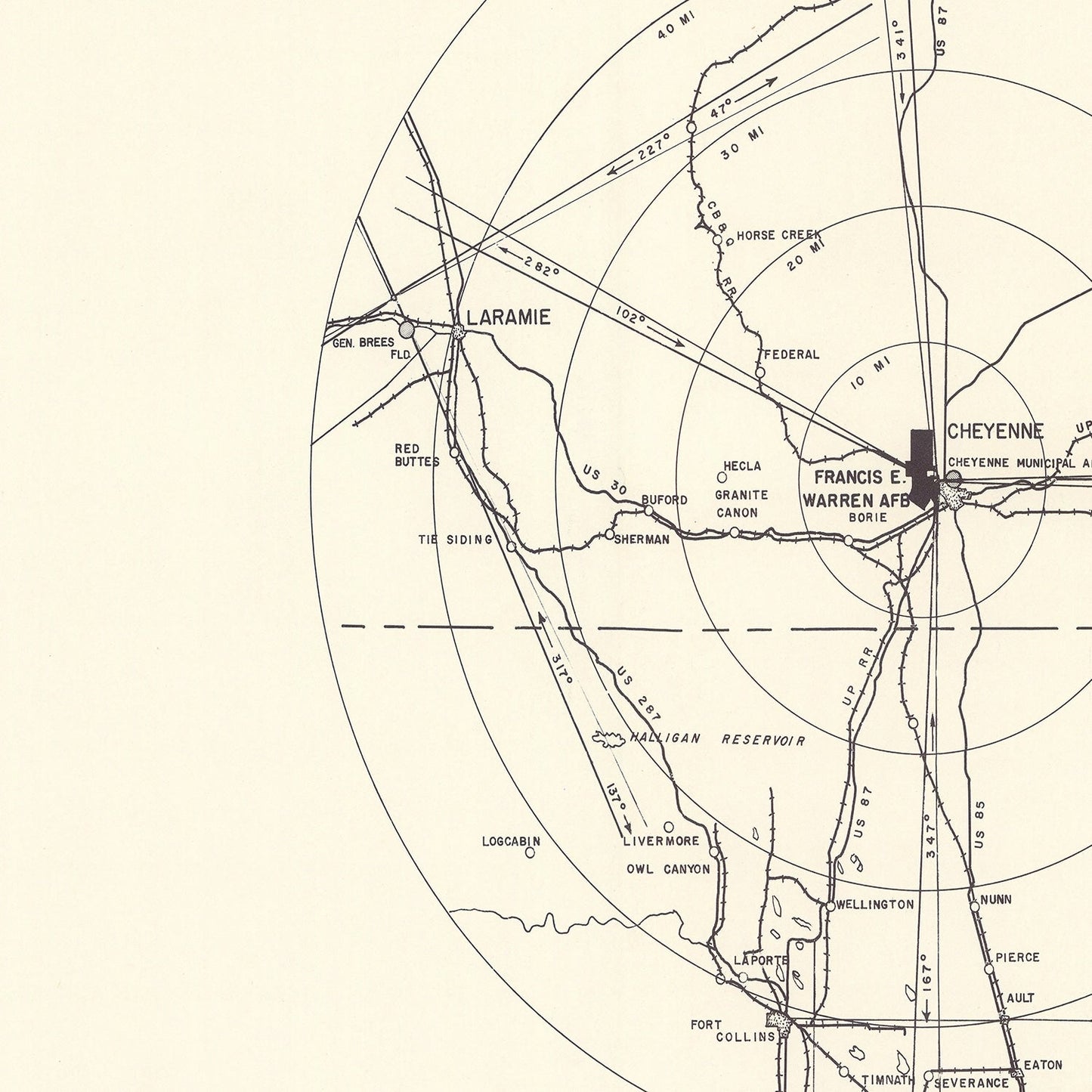 Vintage Map of Francis E. Warren Air Force Base Vicinity, Wyoming, 1952
