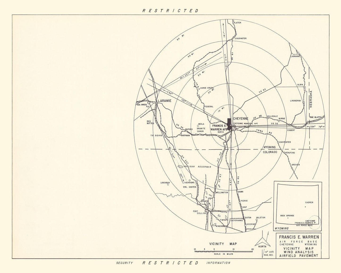 Vintage Map of Francis E. Warren Air Force Base Vicinity, Wyoming, 1952