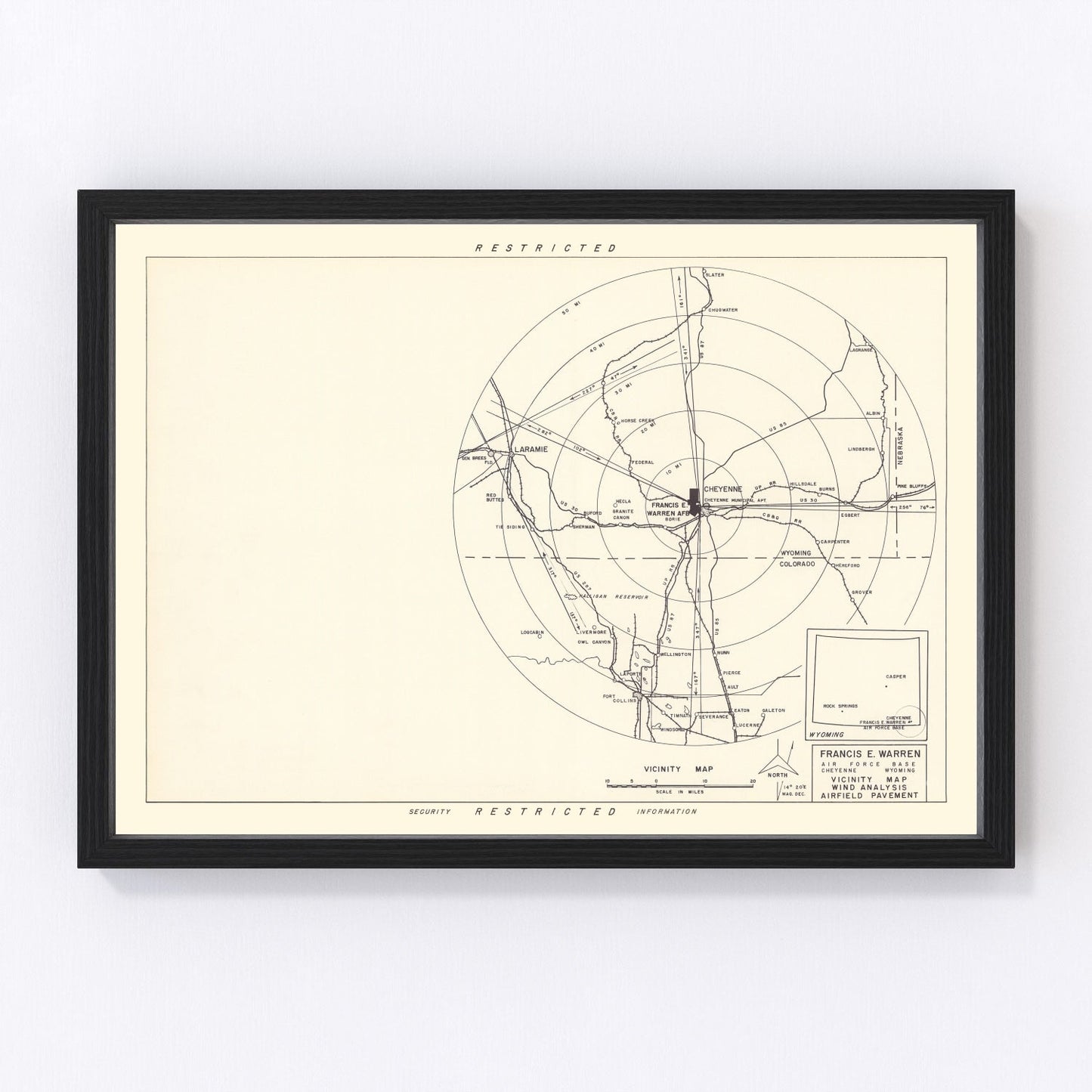 vintage map of Francis E. Warren Air Force Base, Laramie County, Wyoming, 1952