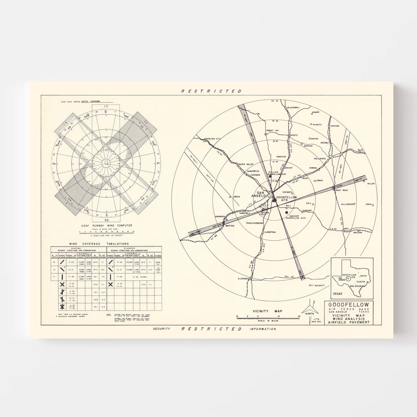 Vintage Map of Goodfellow Air Force Base Vicinity, Texas, 1952