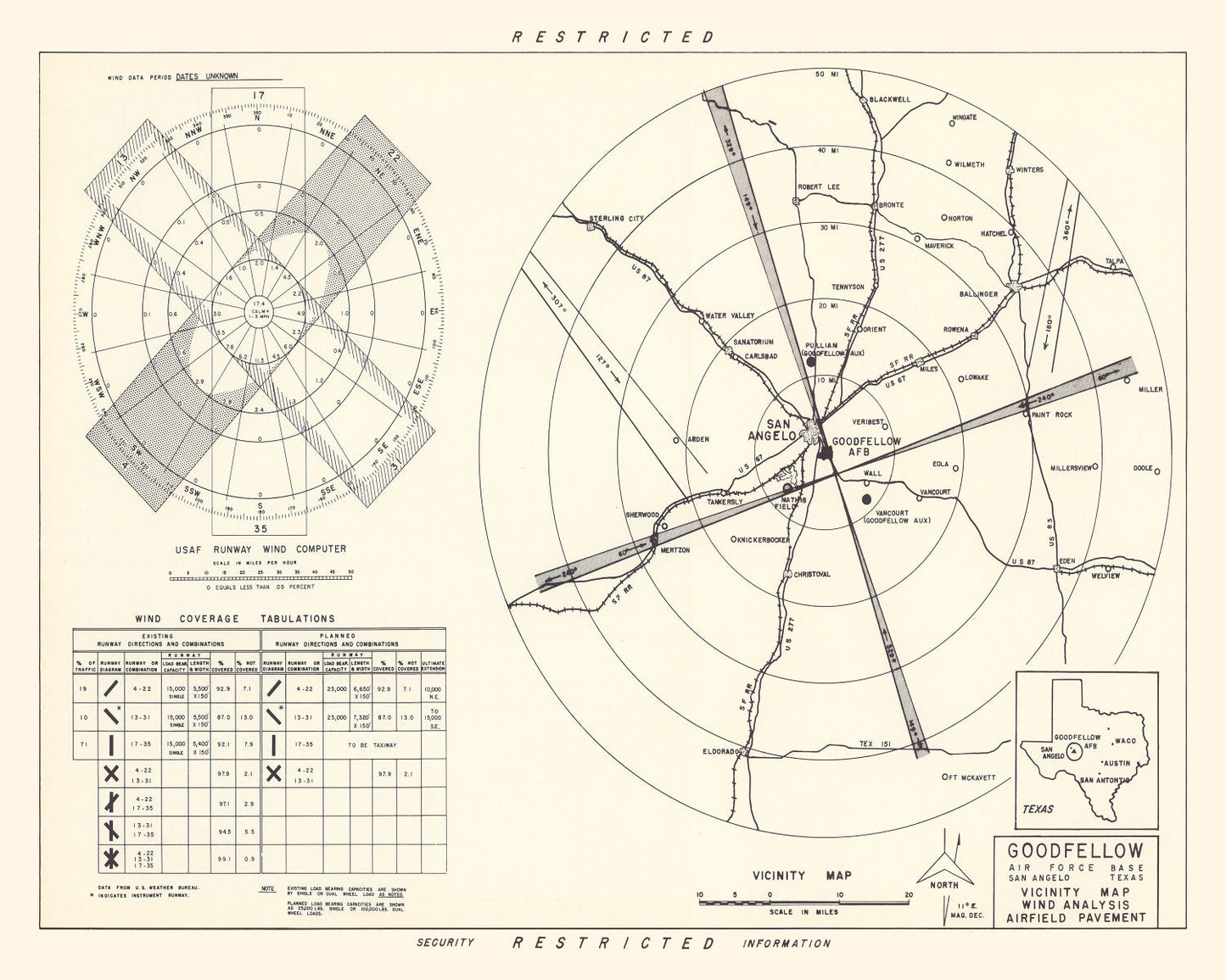 Vintage Map of Goodfellow Air Force Base Vicinity, Texas, 1952