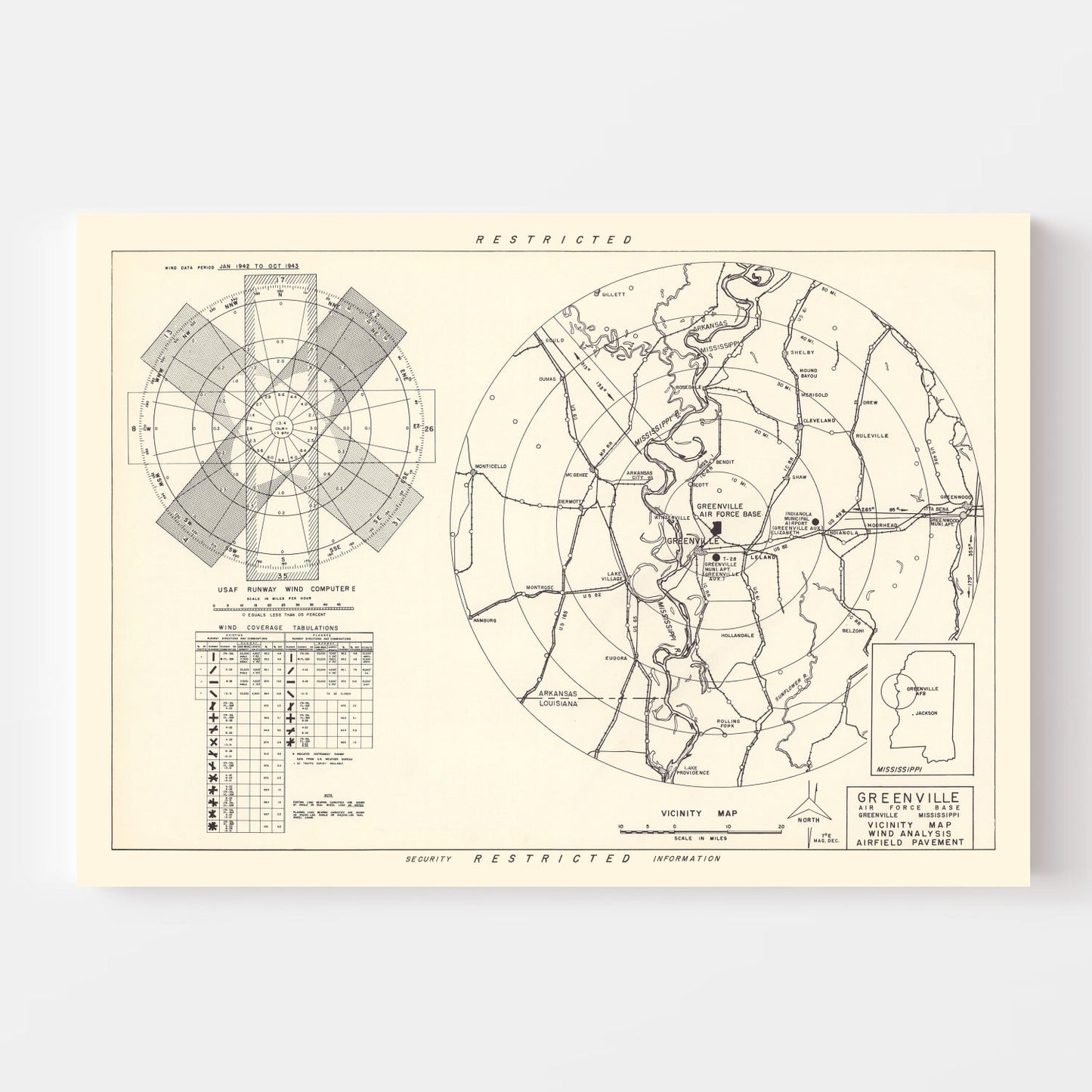 Vintage Map of Greenville Air Force Base Vicinity, Mississippi, 1951