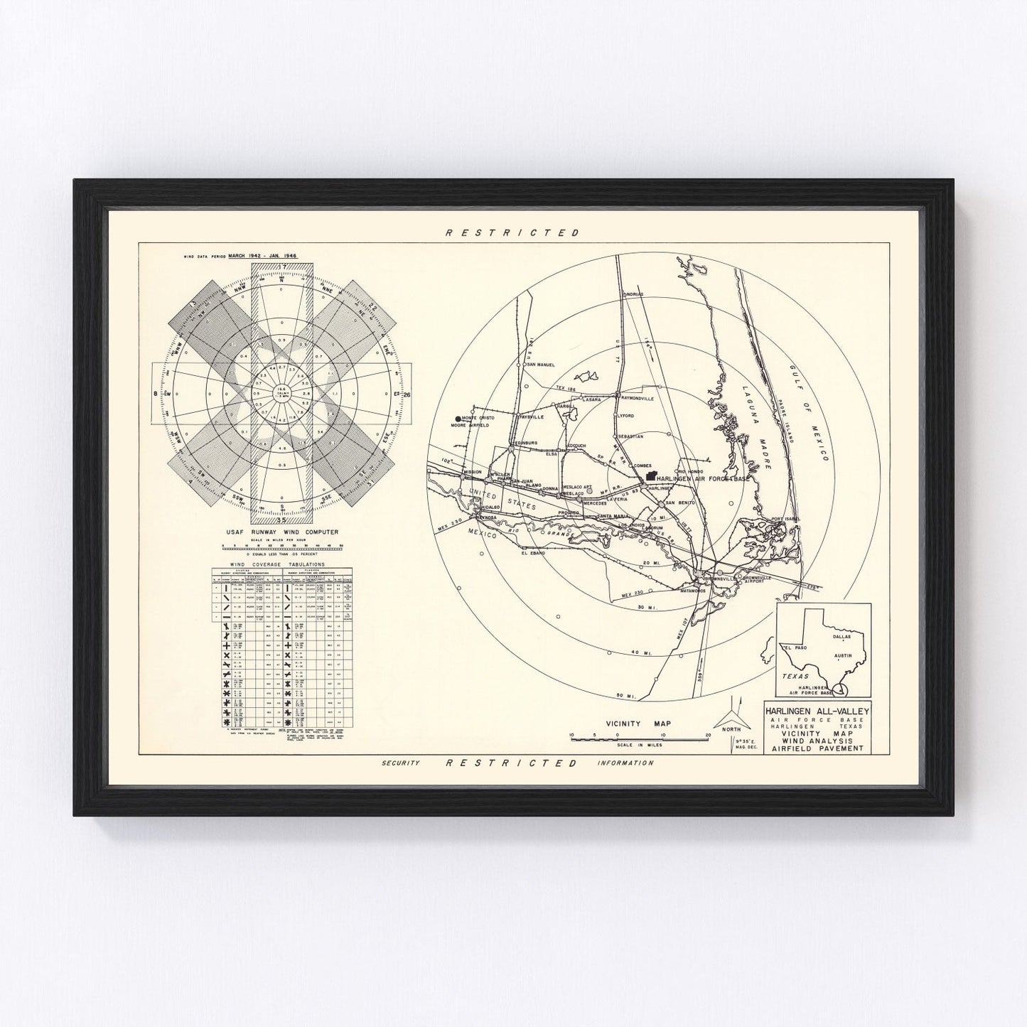 vintage map of Harlingen All-Valley Air Force Base, Cameron County, Texas, 1951