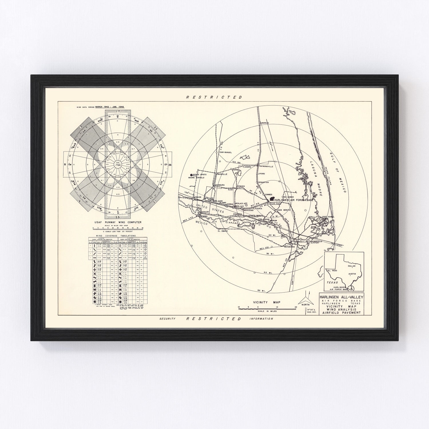 vintage map of Harlingen All-Valley Air Force Base, Cameron County, Texas, 1951