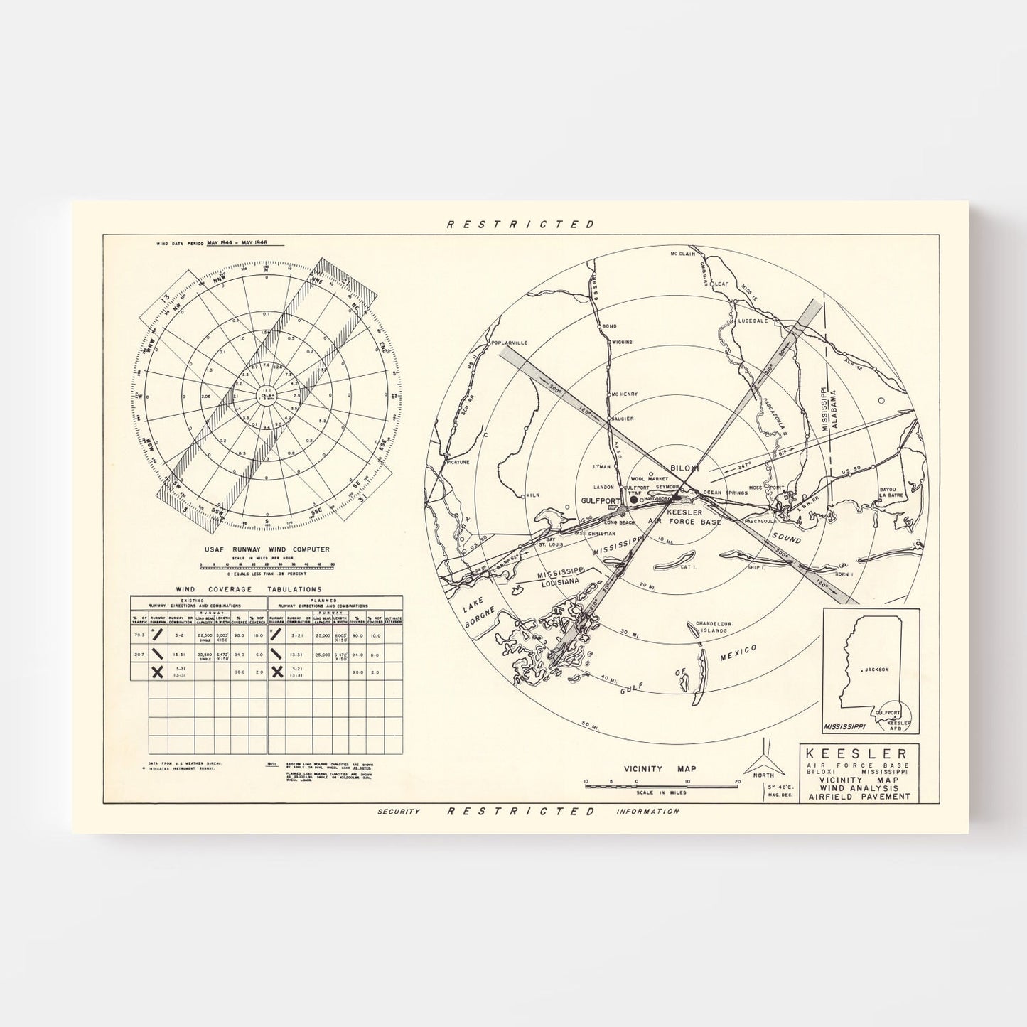 Vintage Map of Keesler Air Force Base Vicinity, Mississippi, 1950