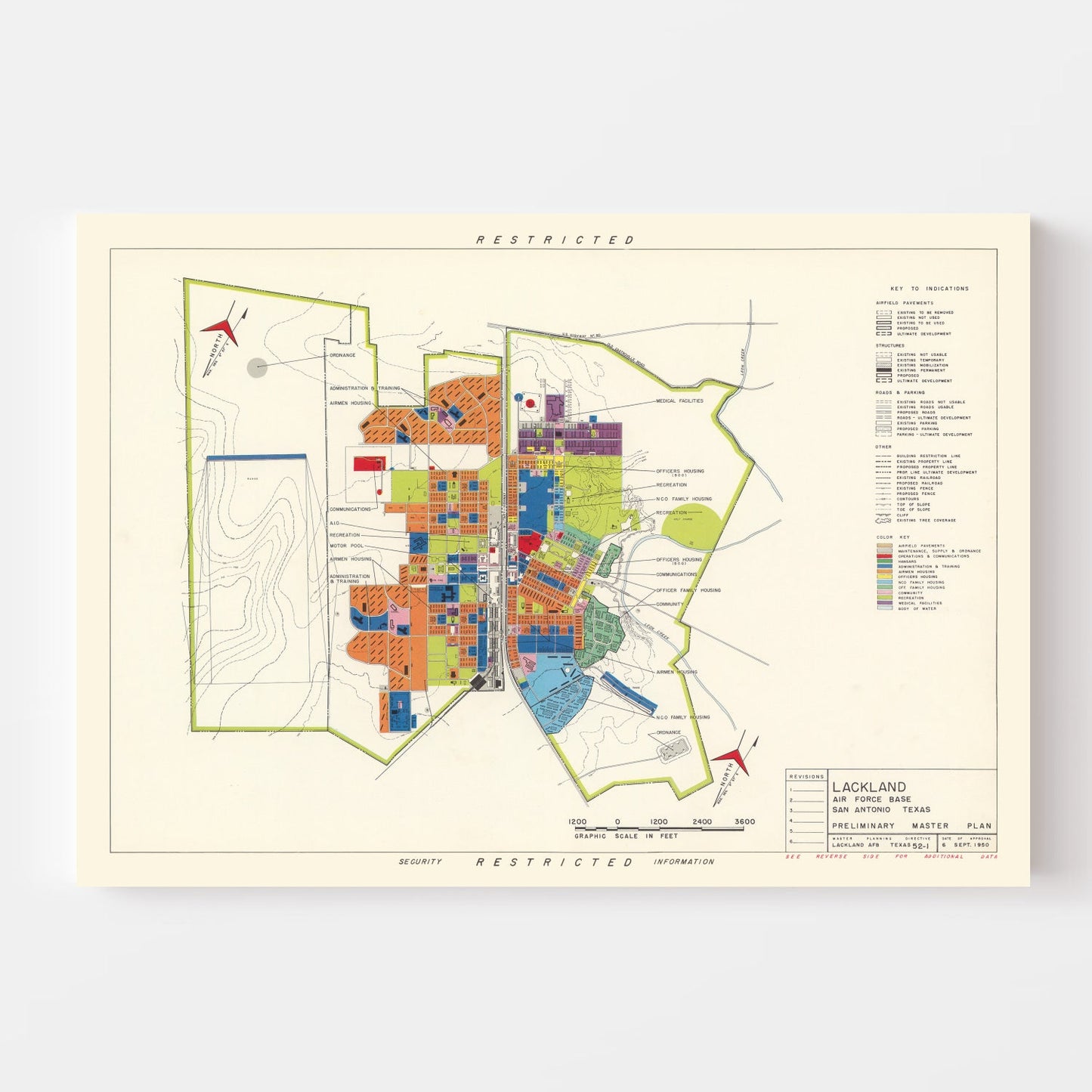 Vintage Map of Lackland Air Force Base, San Antonio, 1950