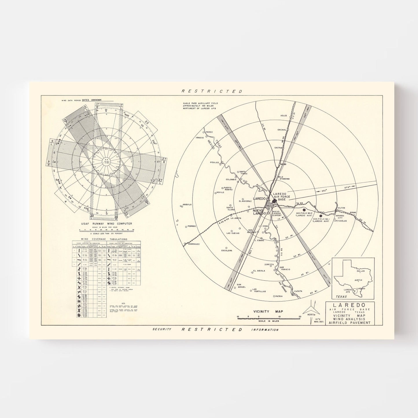 Vintage Map of Laredo Air Force Base Vicinity, Texas, 1951