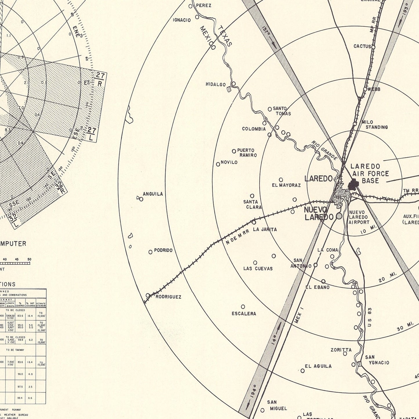 Vintage Map of Laredo Air Force Base Vicinity, Texas, 1951