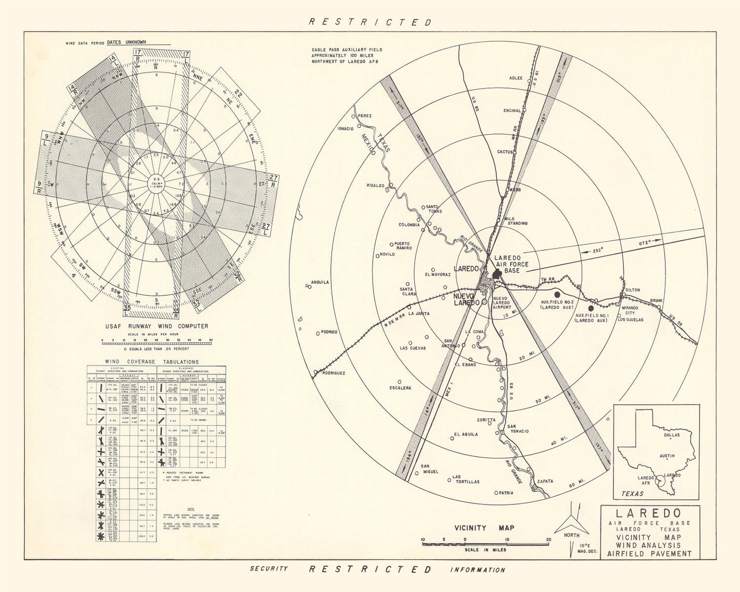 Vintage Map of Laredo Air Force Base Vicinity, Texas, 1951