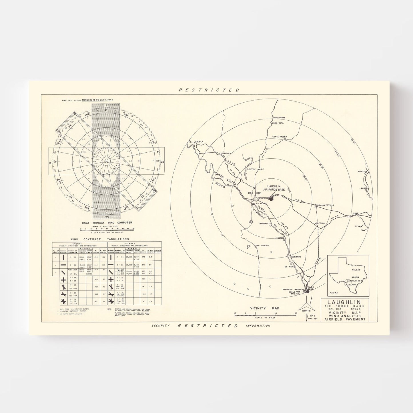 Vintage Map of Laughlin Air Force Base Vicinity, Texas, 1951