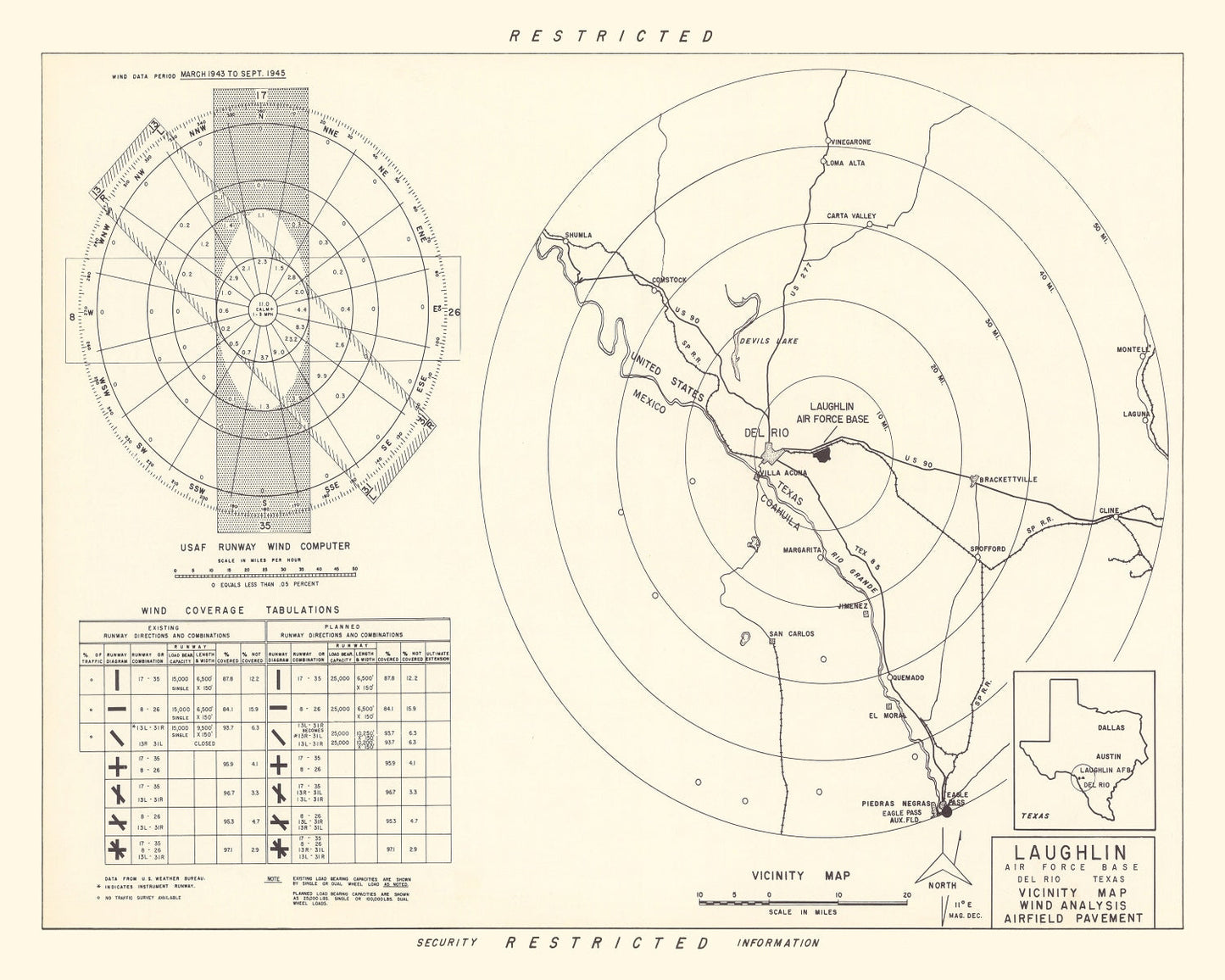 Vintage Map of Laughlin Air Force Base Vicinity, Texas, 1951