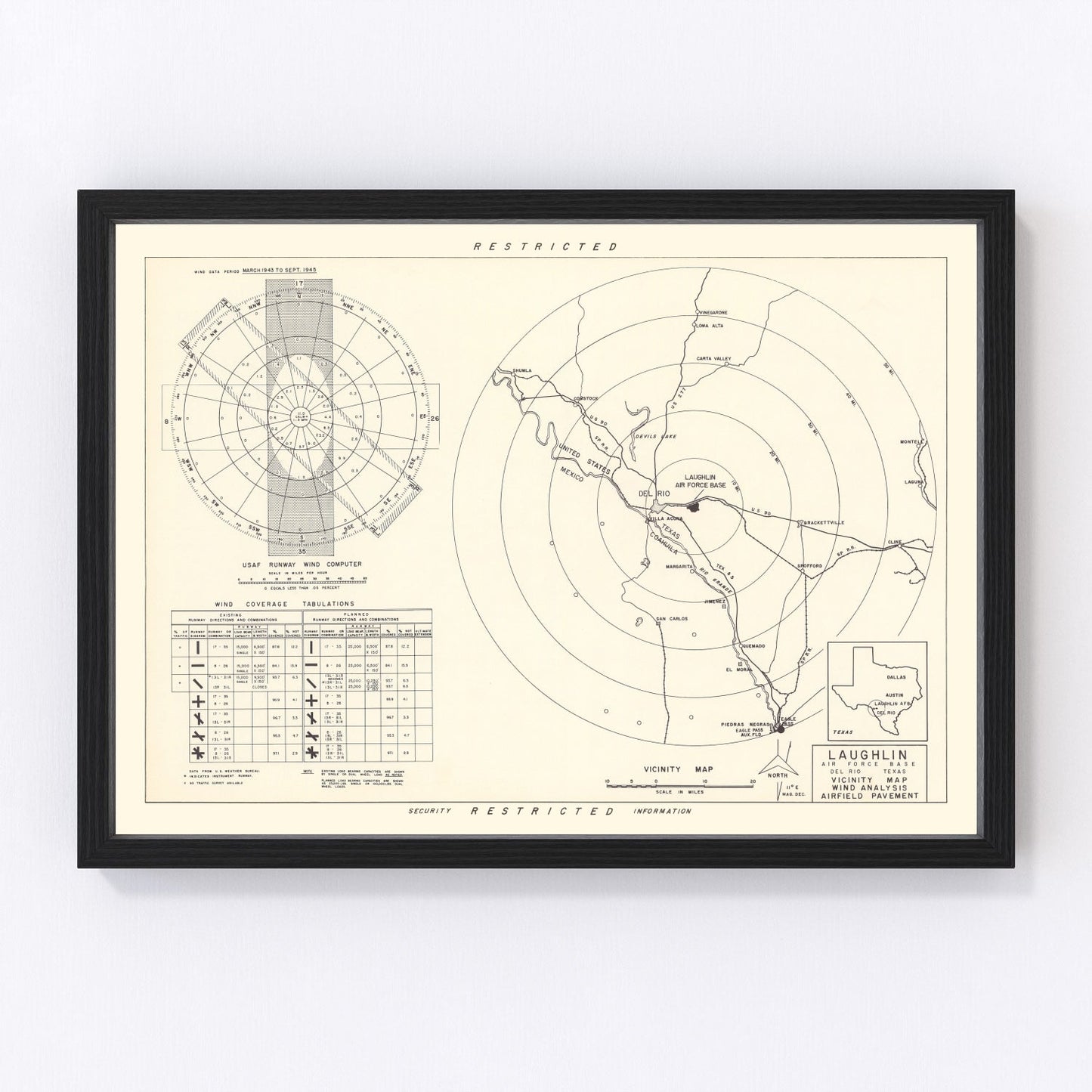 vintage map of Laughlin Air Force Base vicinity, Val Verde County, Texas, 1951