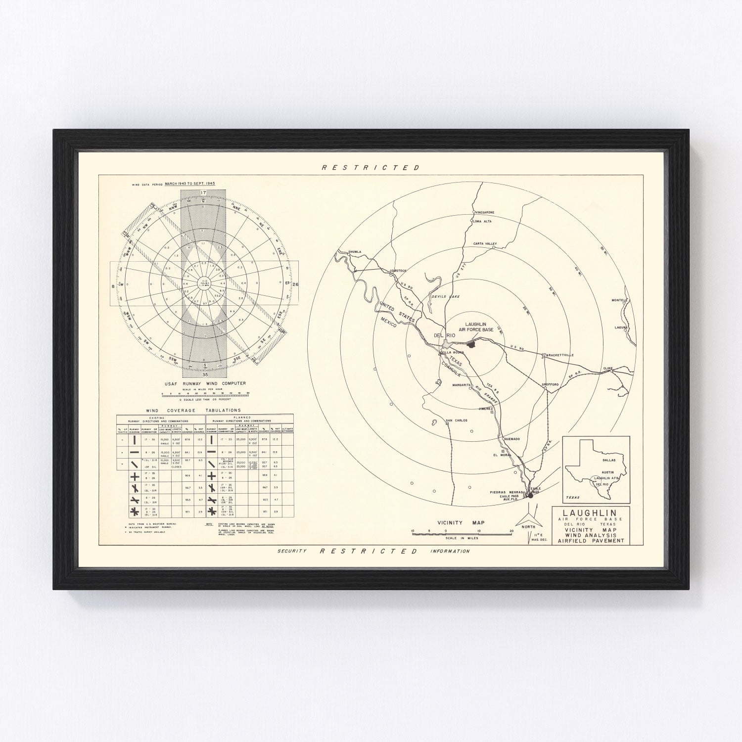 vintage map of Laughlin Air Force Base vicinity, Val Verde County, Texas, 1951