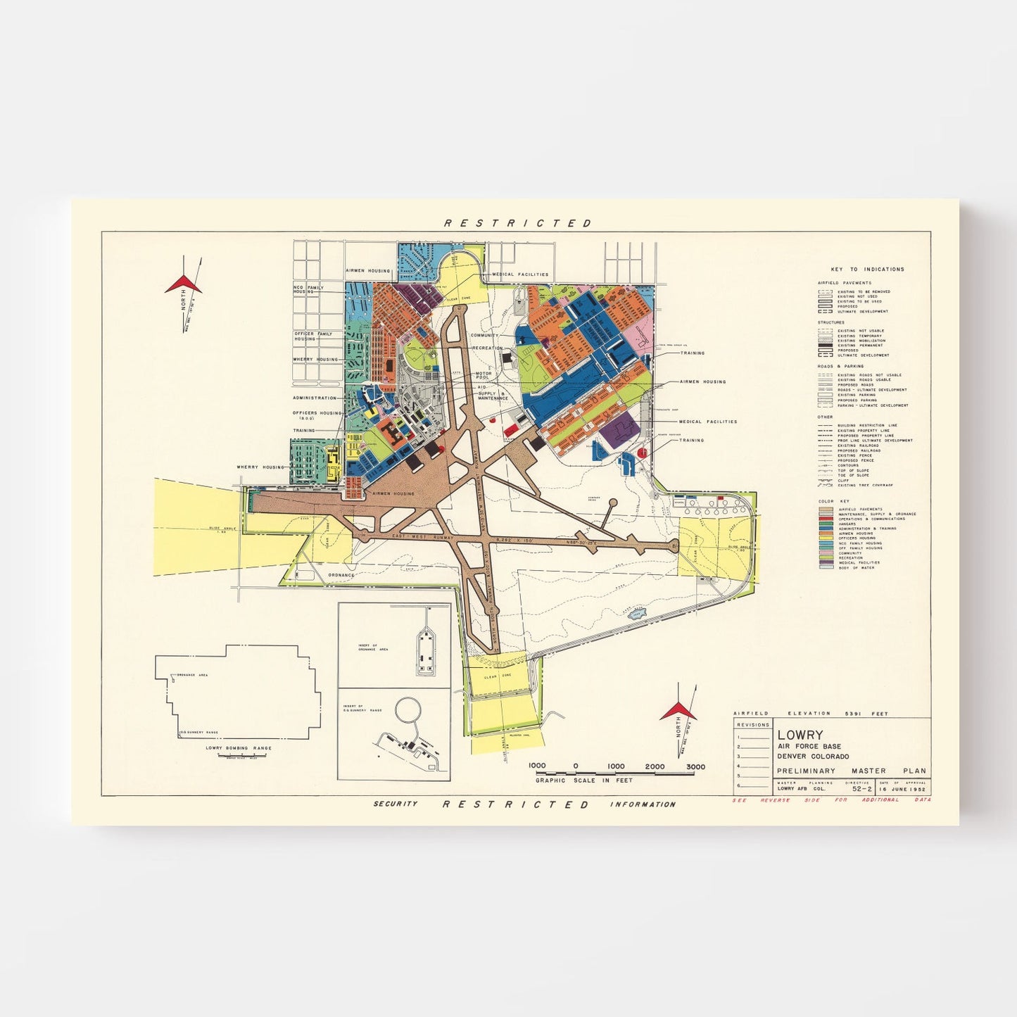 Vintage Map of Lowry Air Force Base, Denver, Colorado, 1952