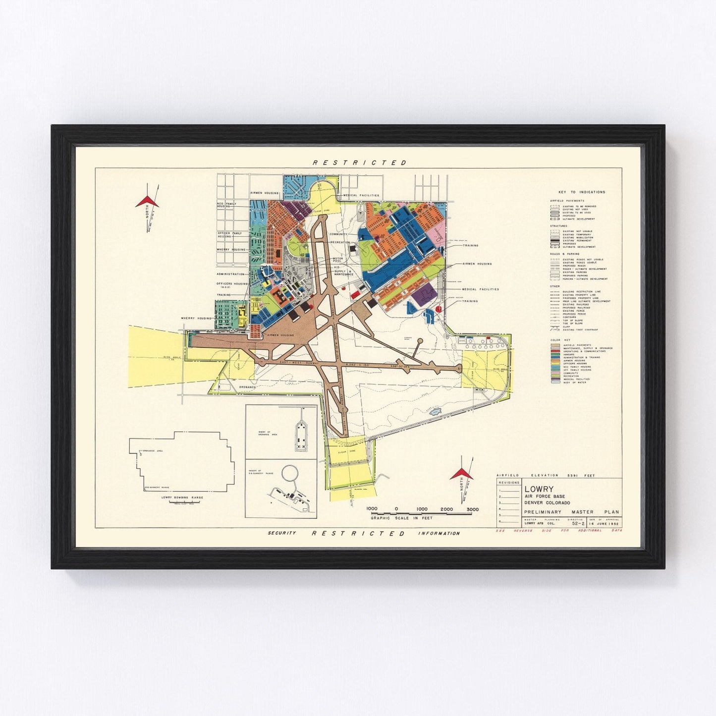 Vintage map of Lowry Air Force Base, Denver, Colorado, 1952