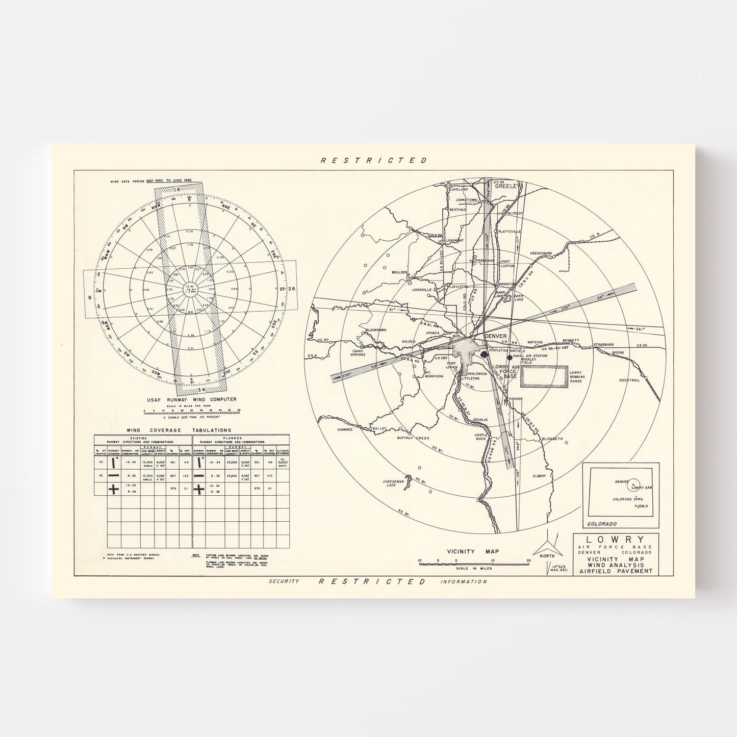 Vintage Map of Lowry Air Force Base Vicinity, Colorado, 1952