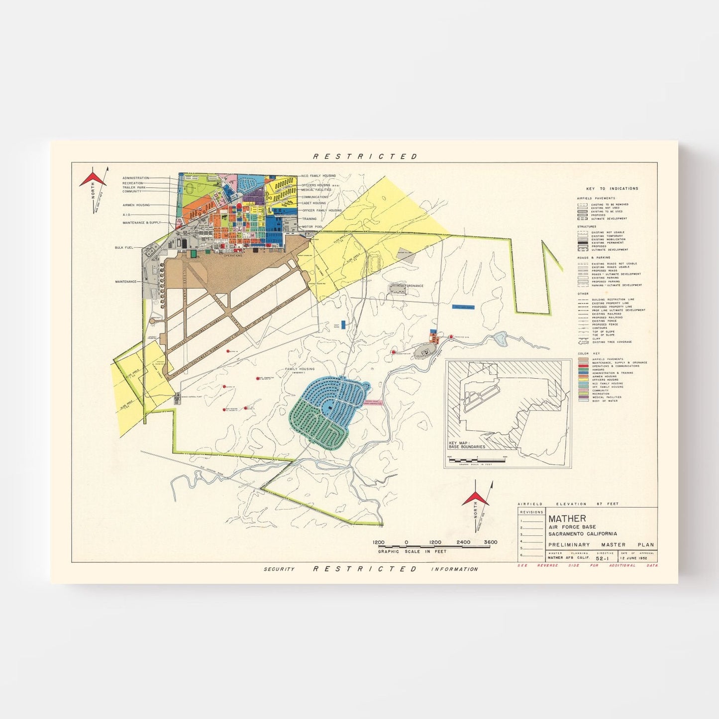 Vintage Map of Mather Air Force Base, Sacramento, 1952