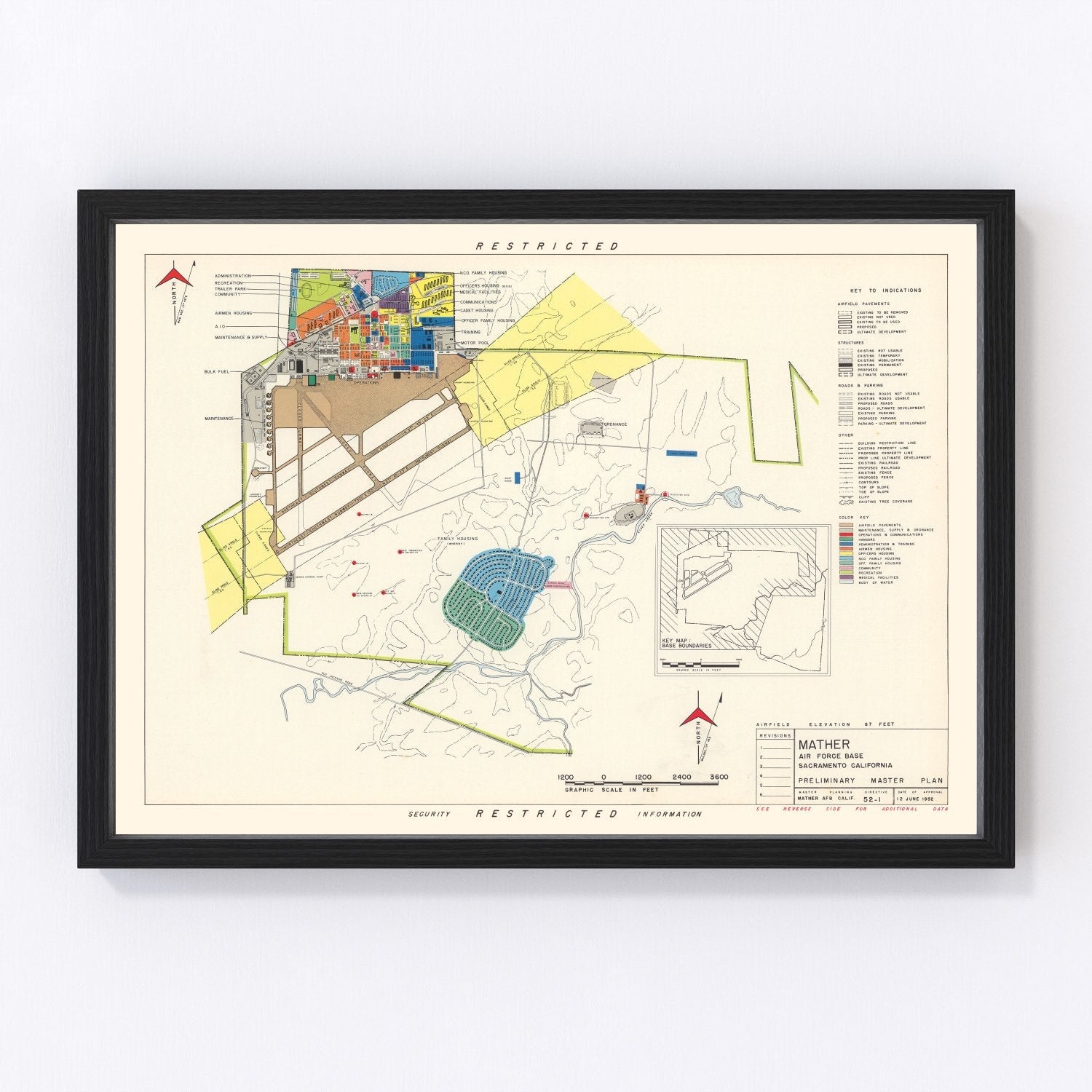 Vintage map of Mather Air Force Base, Sacramento, California, 1952