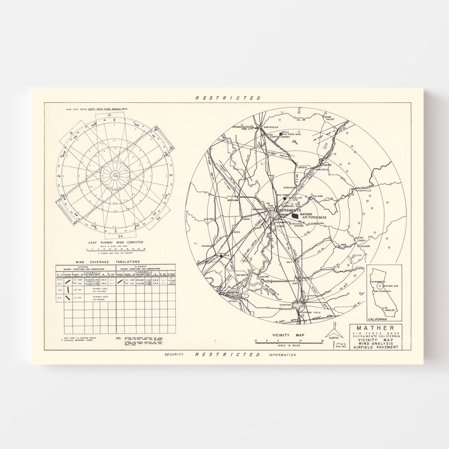 Vintage Map of Mather Air Force Base Vicinity, California, 1952