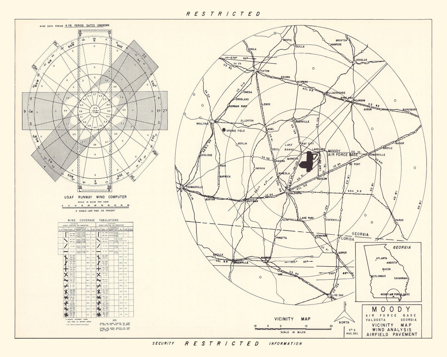 Vintage Map of Moody Air Force Base Vicinity, Georgia, 1951
