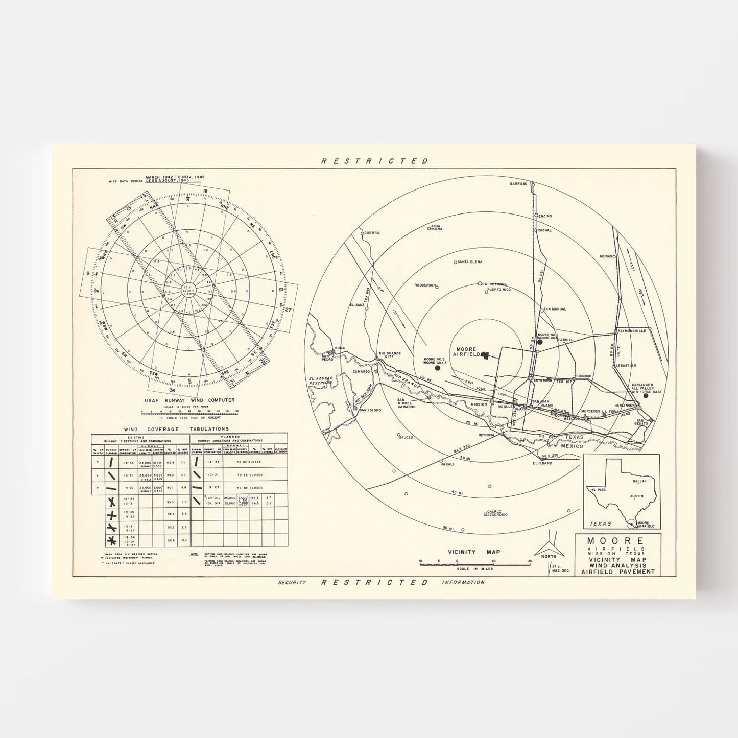 Vintage Map of Moore Air Field Vicinity, Texas, 1952