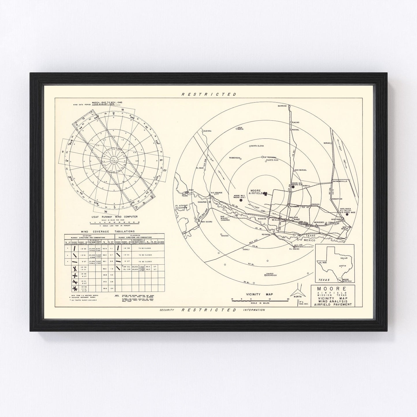 vintage map of Moore Air Field vicinity, Texas, 1952