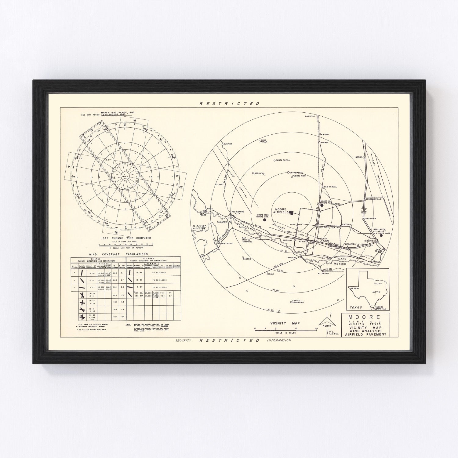 vintage map of Moore Air Field vicinity, Texas, 1952