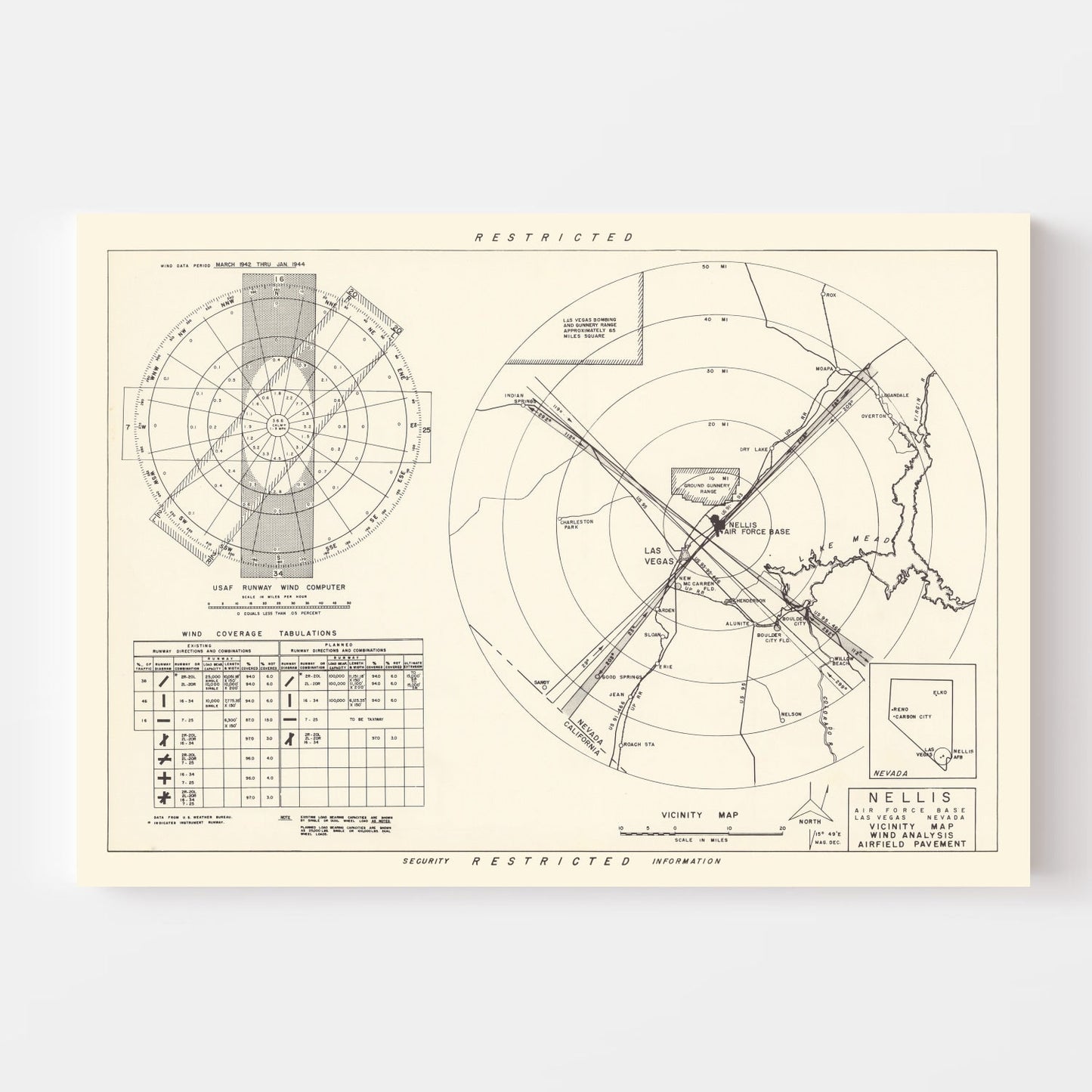 Vintage Map of Nellis Air Force Base Vicinity, Nevada, 1951