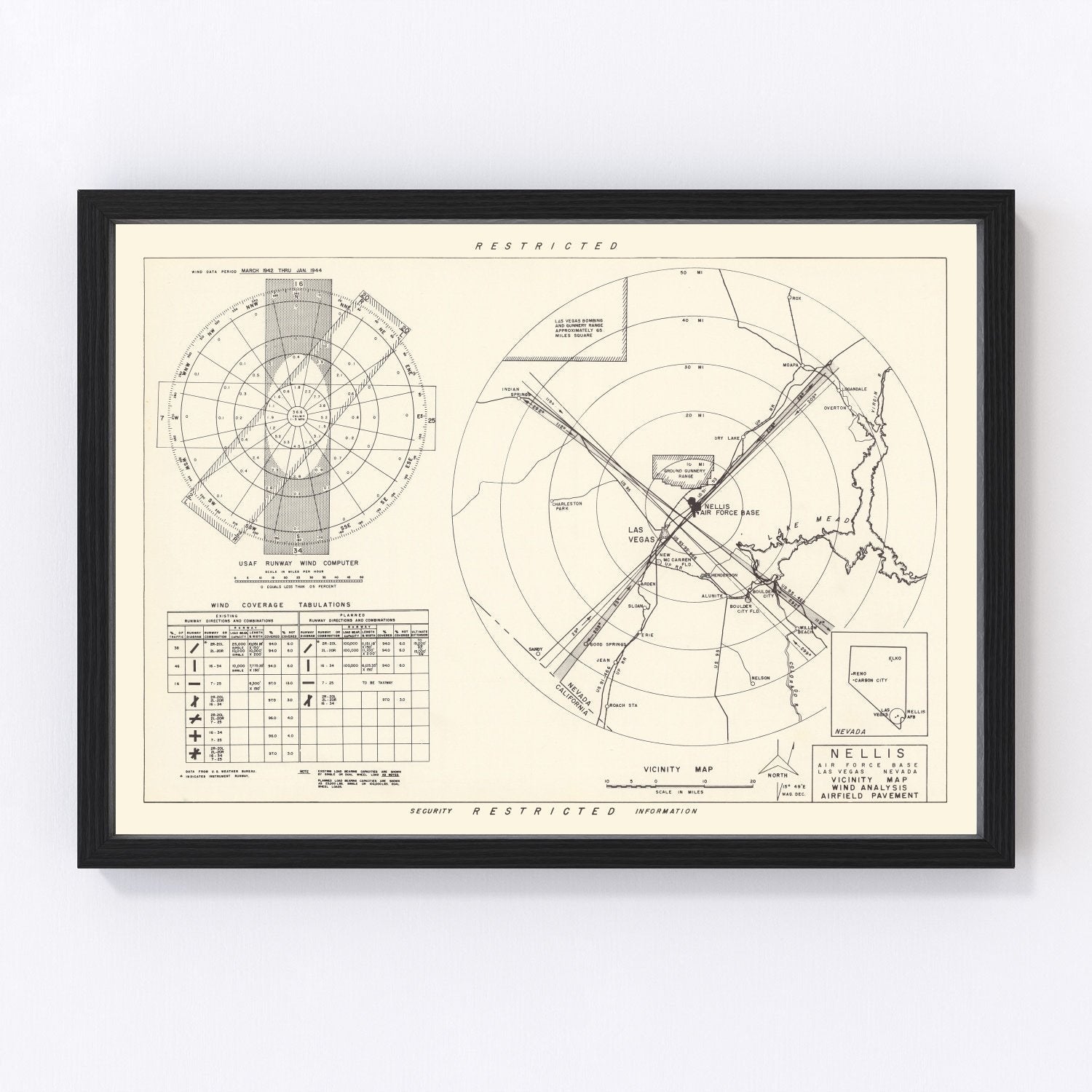 vintage map of Nellis Air Force Base vicinity, Nevada, 1951