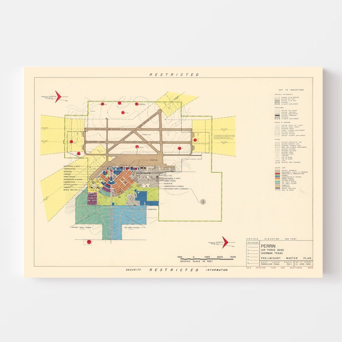 Vintage Map of Perrin Air Force Base, Sherman, Texas, 1952