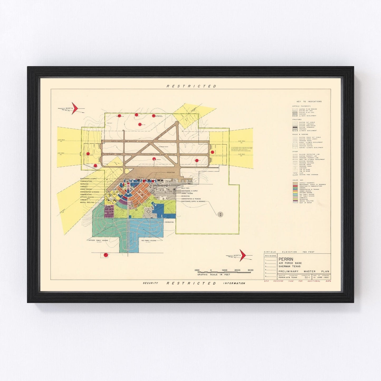 vintage map of Perrin Air Force Base, Sherman, Texas, 1952