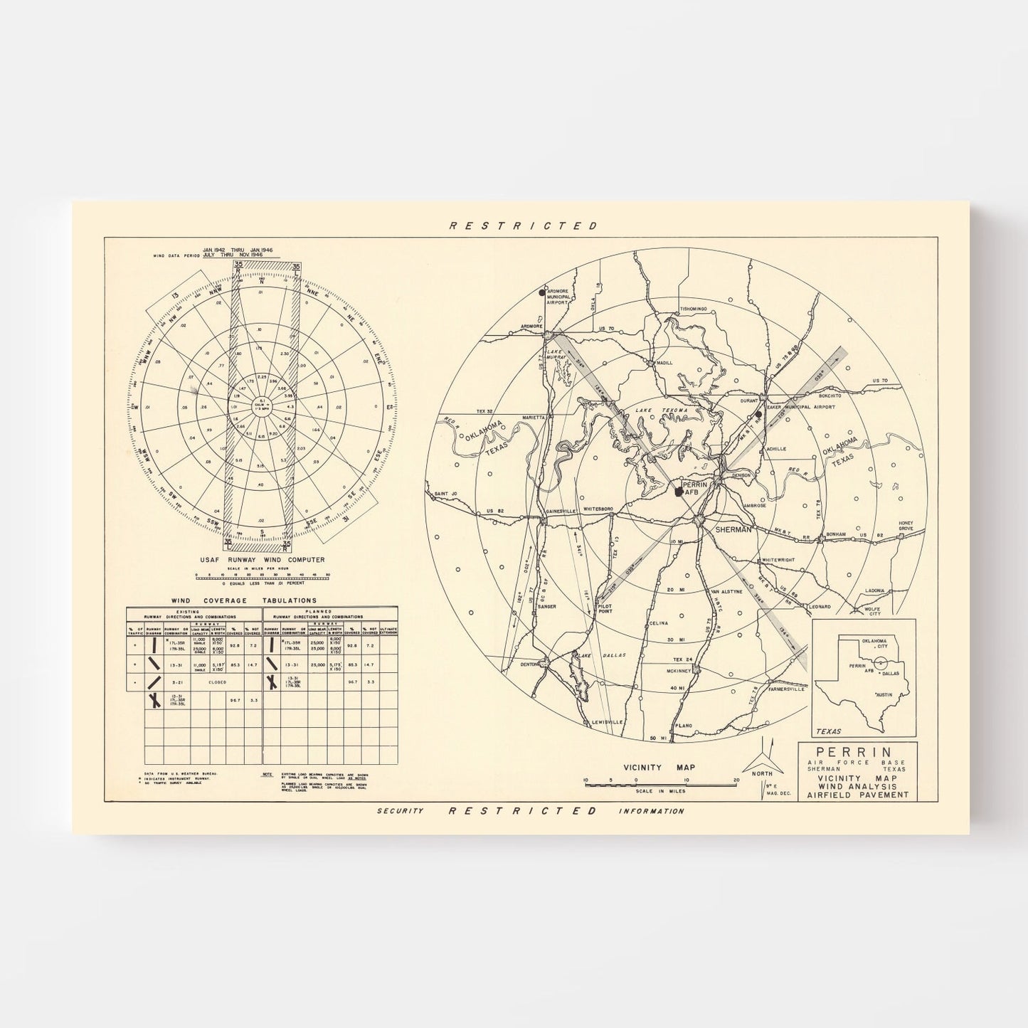 Vintage Map of Perrin Air Force Base Vicinity, Texas, 1952