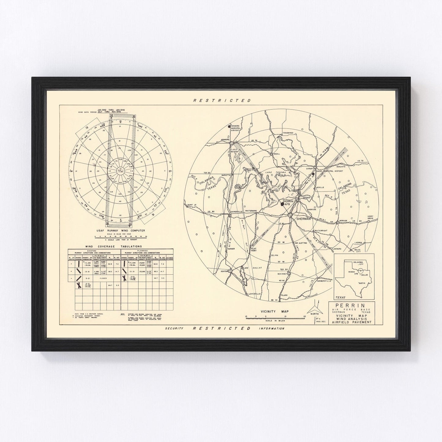 vintage map of Perrin Air Force Base vicinity, Texas, 1952