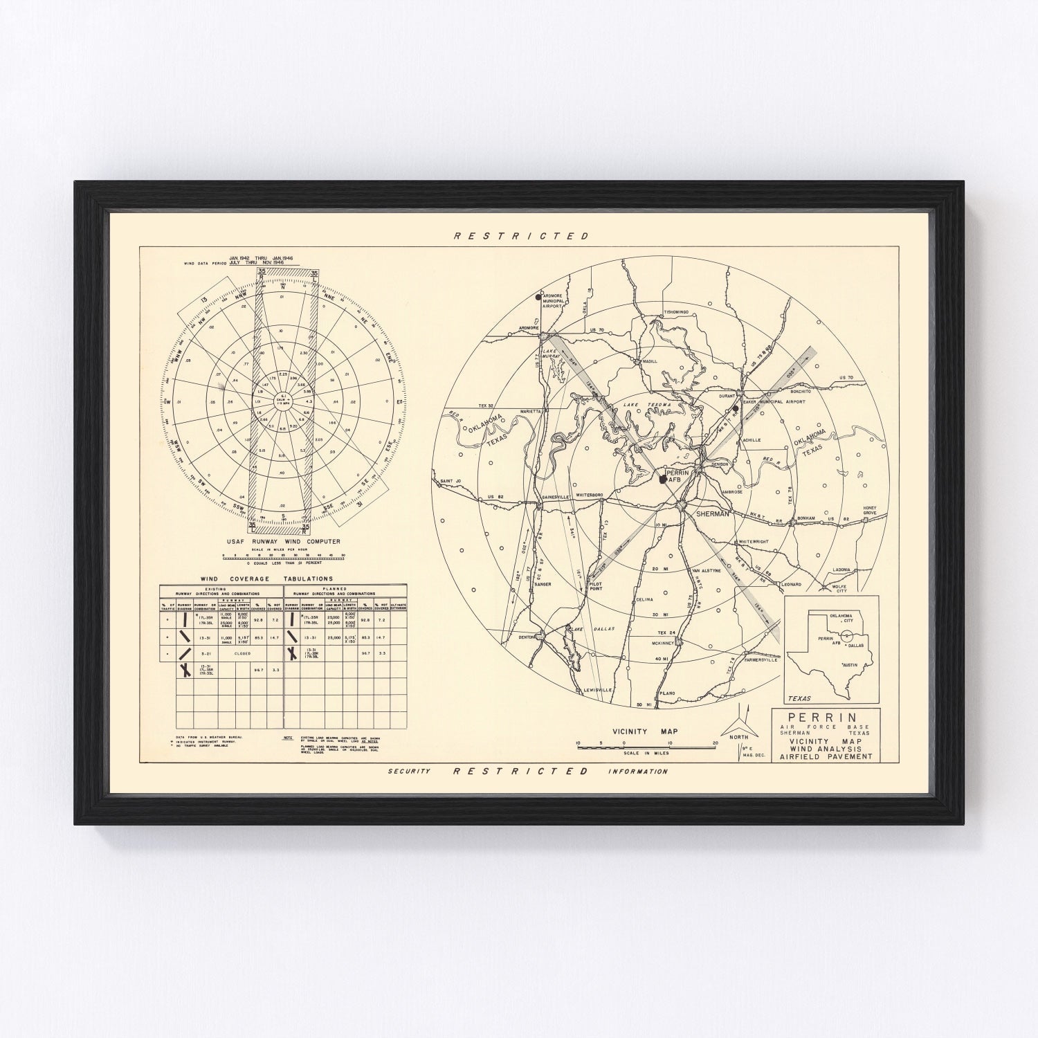 vintage map of Perrin Air Force Base vicinity, Texas, 1952