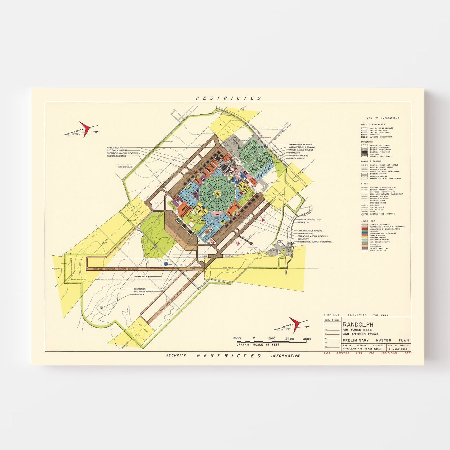 Vintage Map of Randolph Air Force Base, San Antonio, Texas, 1950