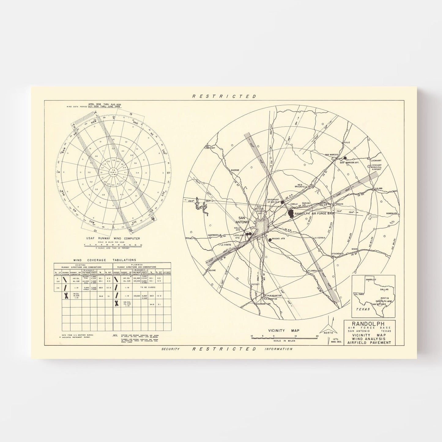 Vintage Map of Randolph Air Force Base, Texas, 1950