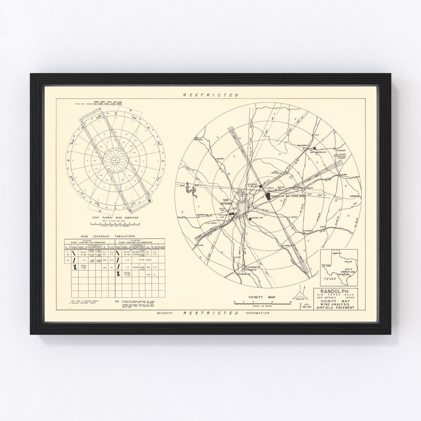 vintage map of Randolph Air Force Base vicinity, Texas, 1950