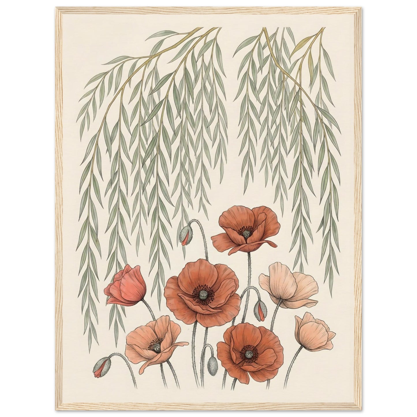 Willow Tree and Poppy Botanical 9th Anniversary Wall Art - 45x60 cm / 18x24″ / Museum-Quality Matte Paper Wooden Framed Poster - Wood frame - Sparkycare