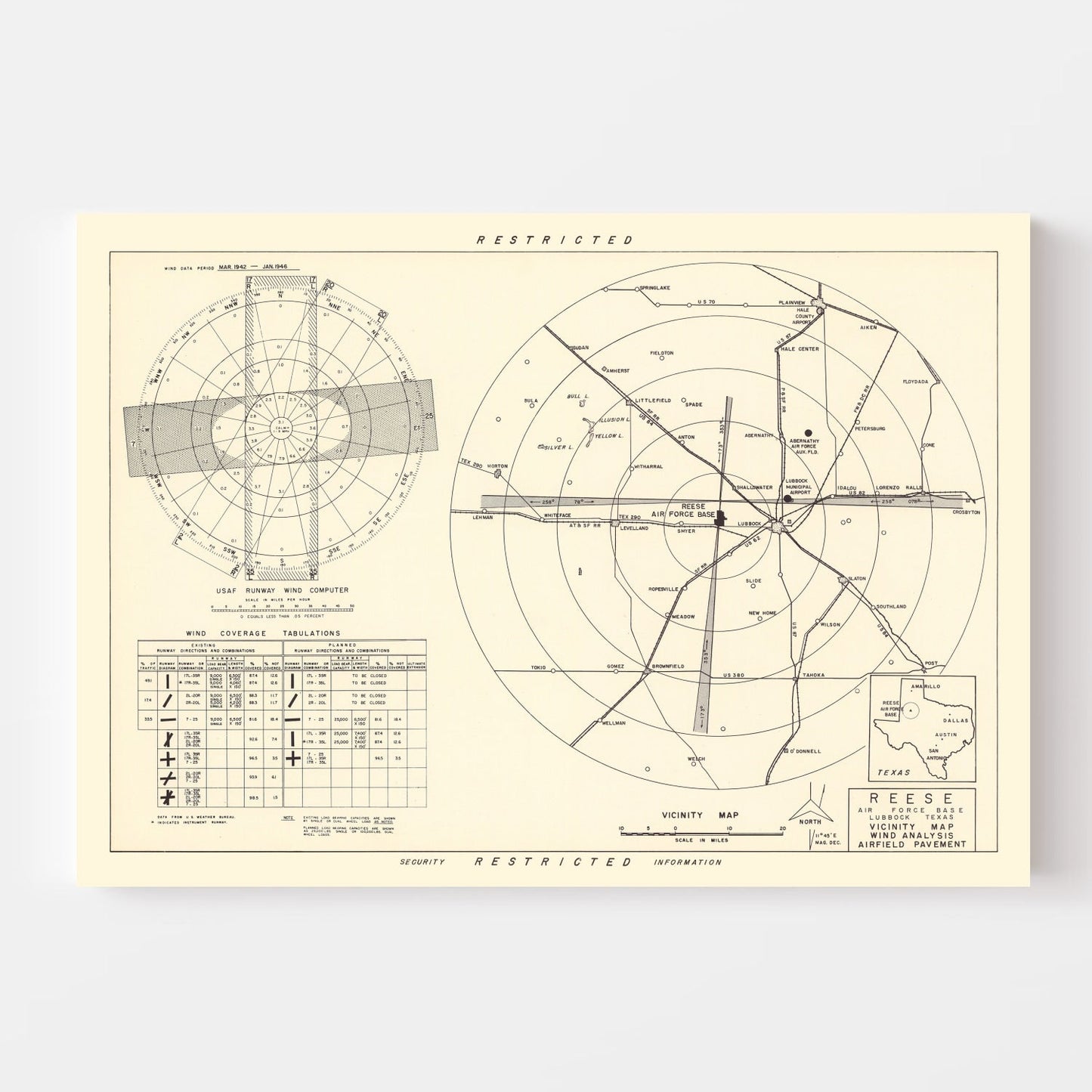 Vintage Map of Reese Air Force Base, Texas, 1952