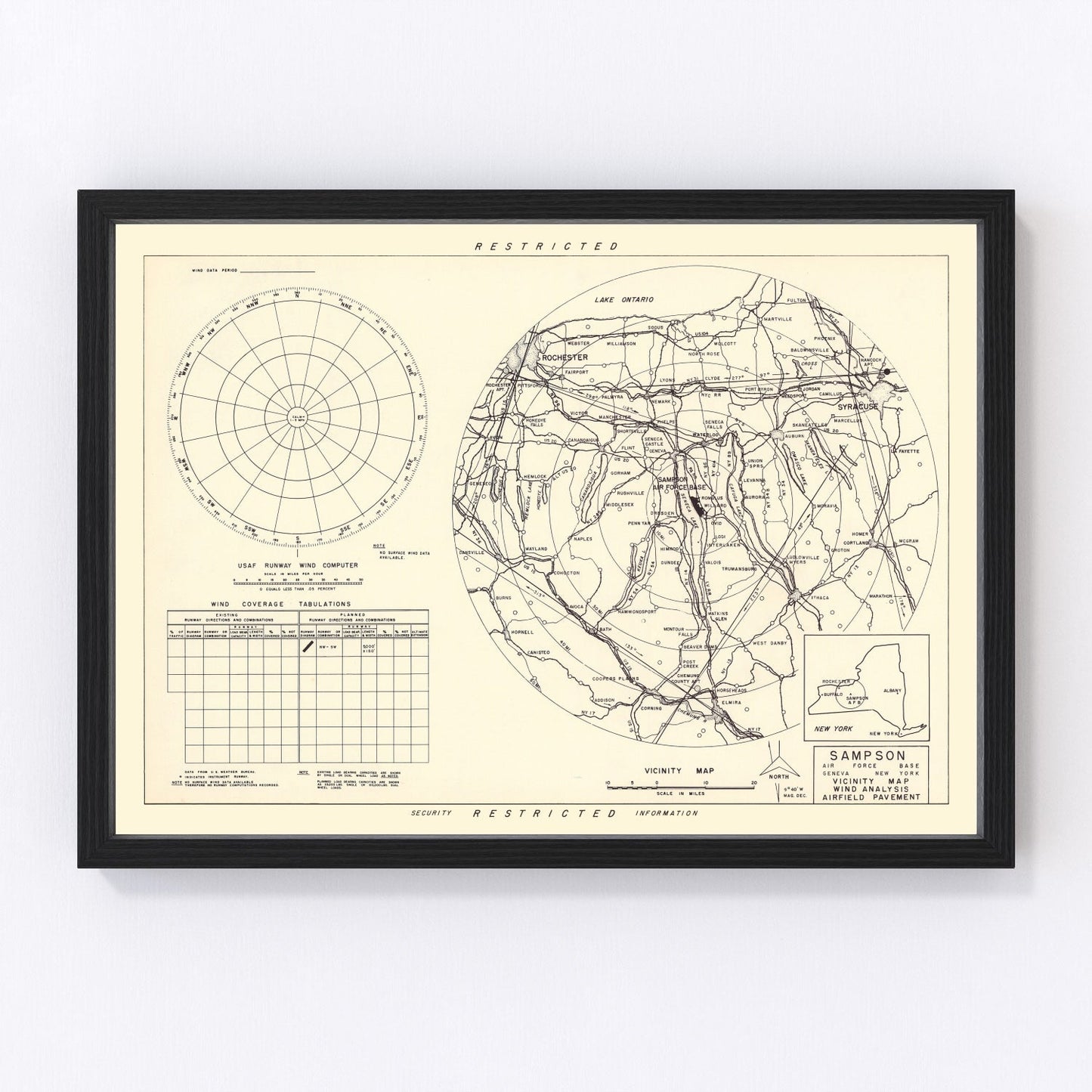 vintage map of Sampson Air Force Base vicinity, New York, 1951, Seneca Lake