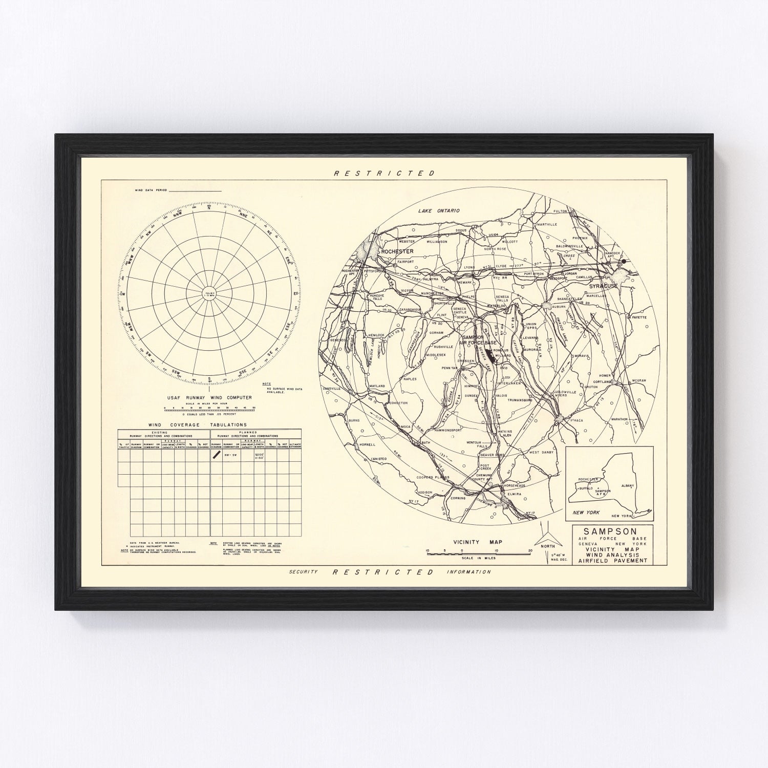vintage map of Sampson Air Force Base vicinity, New York, 1951, Seneca Lake