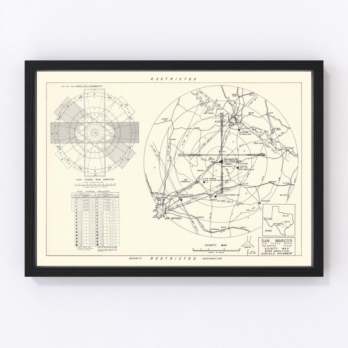 Vintage vicinity map of San Marcos Air Force Base, Texas, 1951