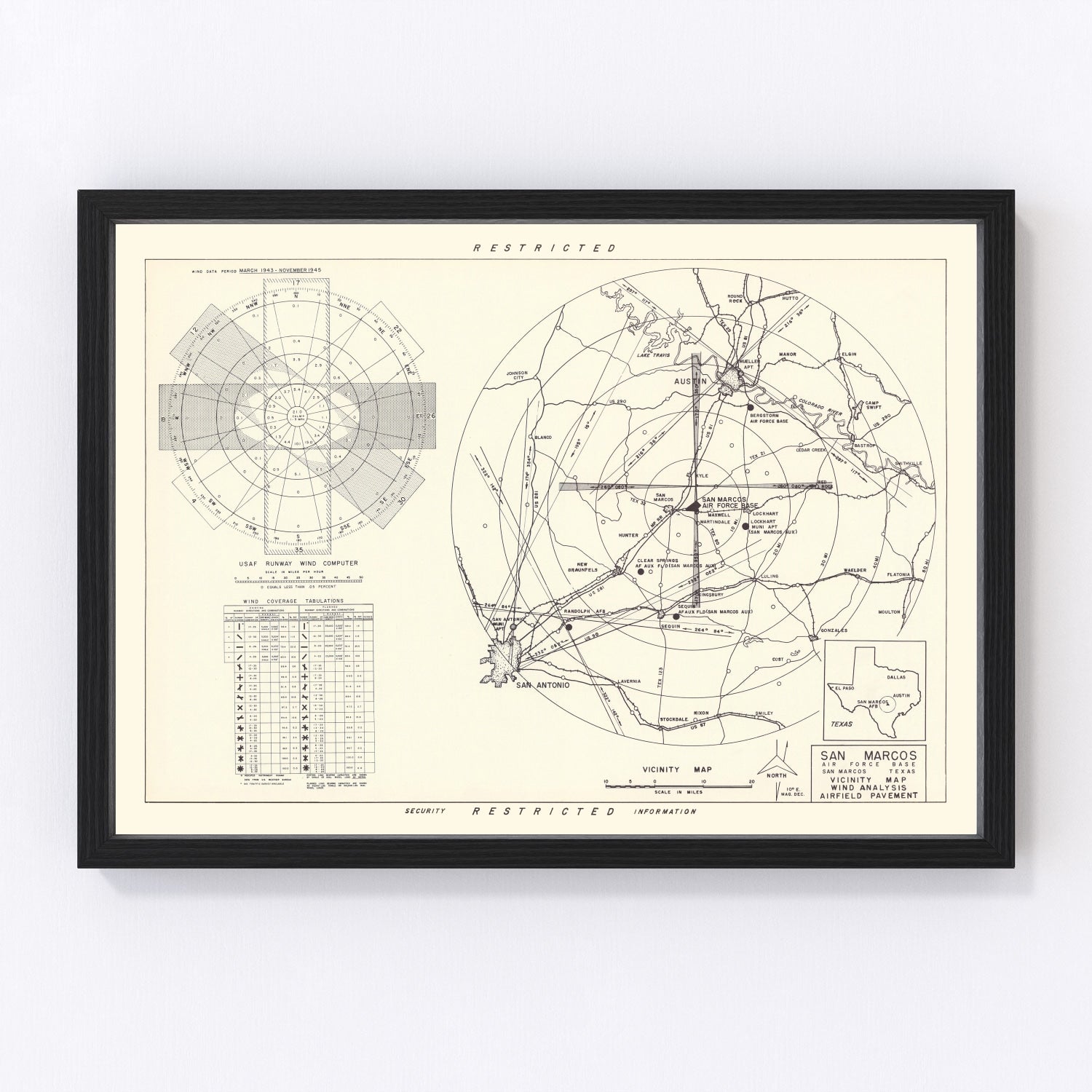 Vintage vicinity map of San Marcos Air Force Base, Texas, 1951