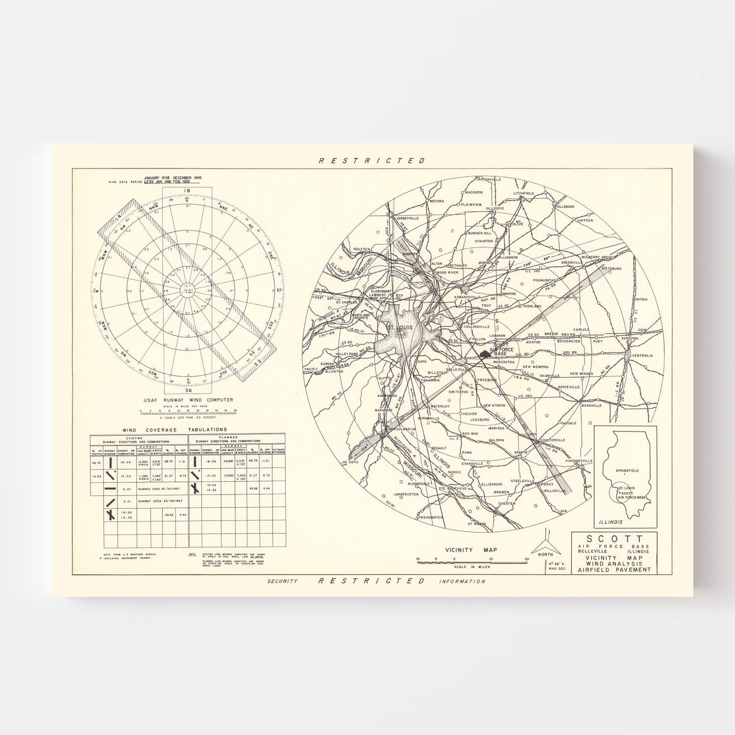 Vintage Map of Scott Air Force Base Vicinity, Illinois, 1952