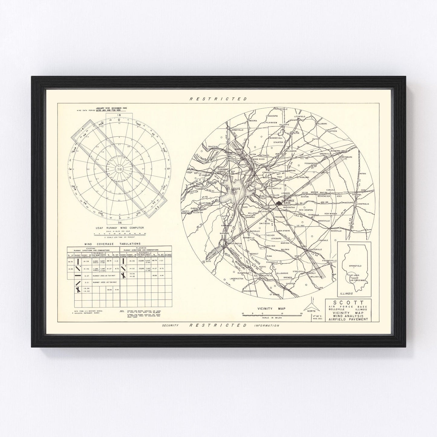 vintage map of Scott Air Force Base vicinity, Illinois, 1952