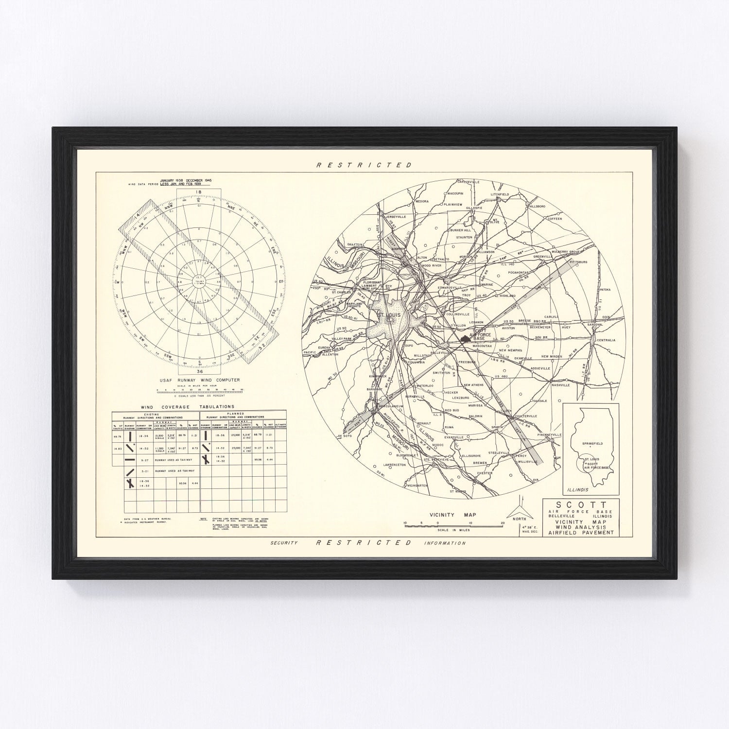 vintage map of Scott Air Force Base vicinity, Illinois, 1952